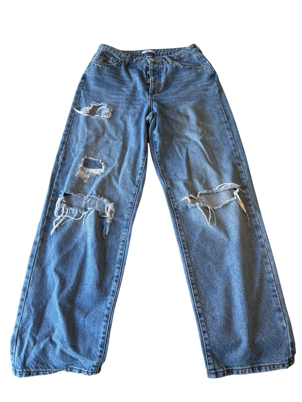Forever 21 Medium Blue Distressed Boot-Cut Jeans
